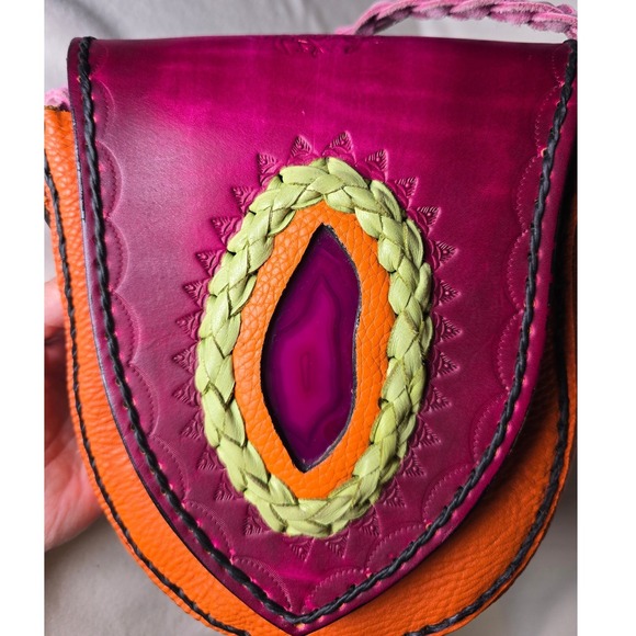 Handmade Leather Crossbody Bag Braided Strap Colorblock Pink Orange Green - Picture 3 of 16